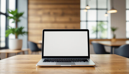 Laptop mockup, blank white screen laptop on wooden table with office room blur background. Generative AI