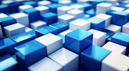Obraz premium A blue and white wall made of cubes. The blue and white cubes are arranged in a pattern that creates a sense of depth and dimension. 