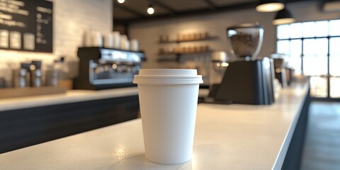 Mockup of a gourmet coffee cup on a barista counter in a busy cafe during morning rush hour