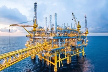 Fototapeta premium Offshore Oil Platform with Yellow Structures and Cranes Against a Cloudy Sky Over Ocean Water, Highlighting Energy Production and Industrial Technology