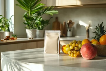 Empty mockup of a health supplement packet on a kitchen counter alongside fresh fruits and plants in a bright setting