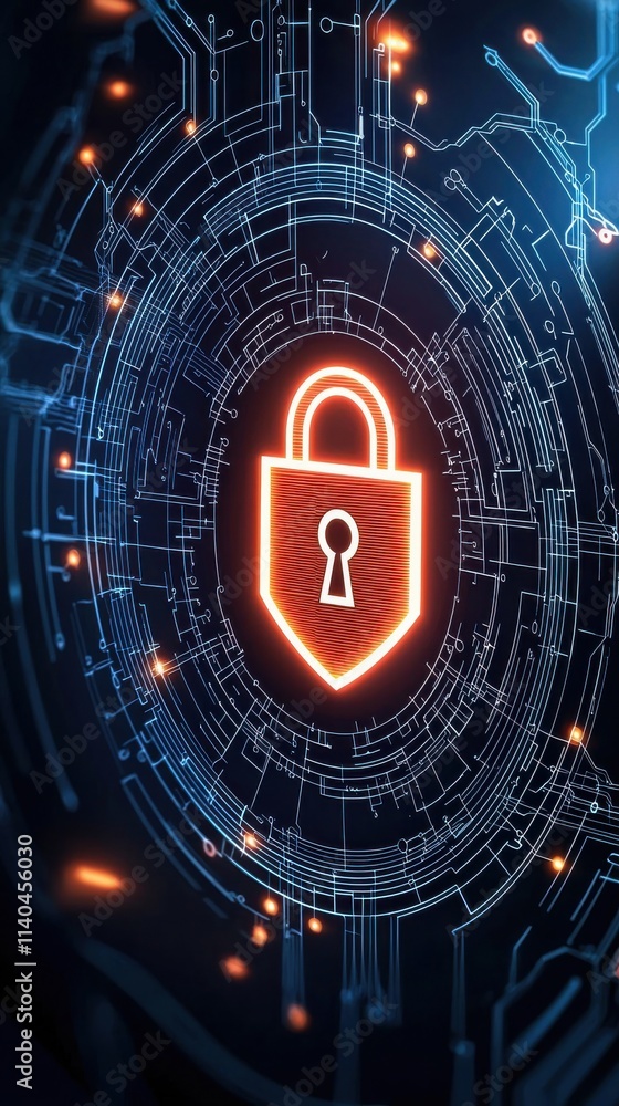 Poster digital security concept with abstract technology background featuring a lock icon and circuit patte