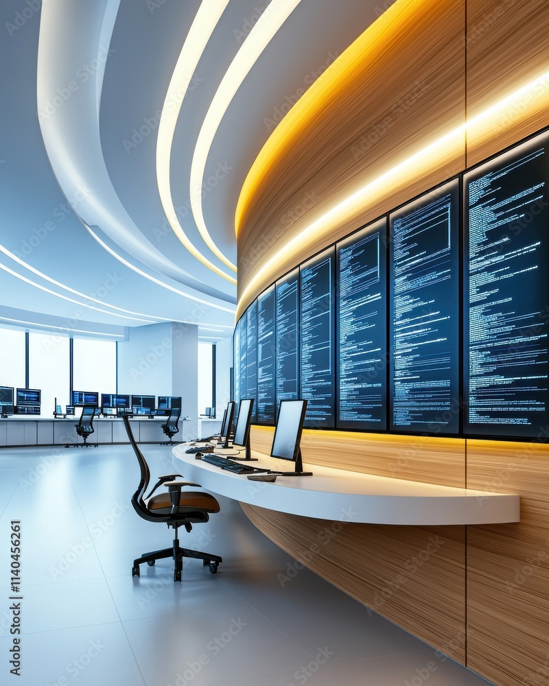 Poster modern control room with sleek design, advanced technology, and illuminated screens in a contemporar