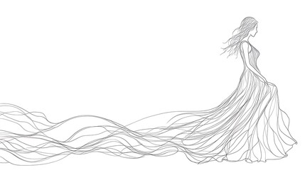 Elegant Line Art Illustration: Bride in Flowing Gown. AI Generated