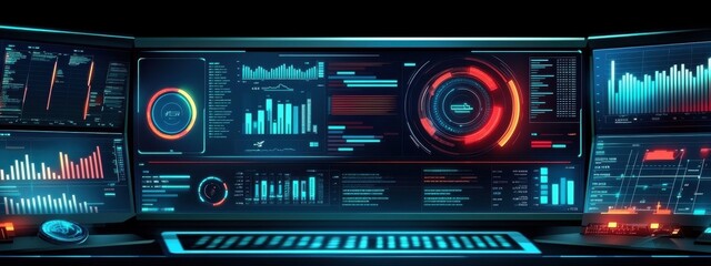 Obraz premium Futuristic Control Room with Advanced Technology Displaying Data Analytics, User Interface Designs, and Graphical Representations of Information in Cyber Environment