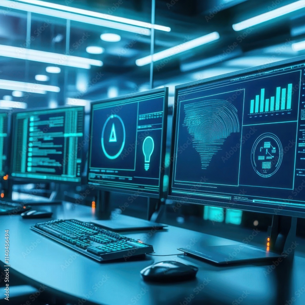 Poster futuristic control room with monitors displaying data analytics and graphic visualizations in a dark