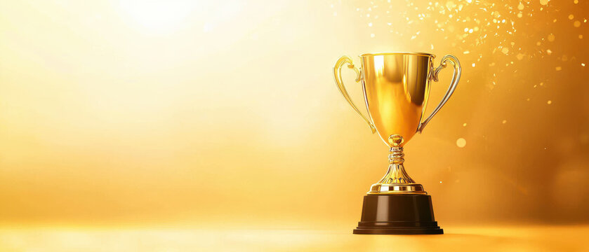 shiny trophy on golden background, symbolizing achievement and success