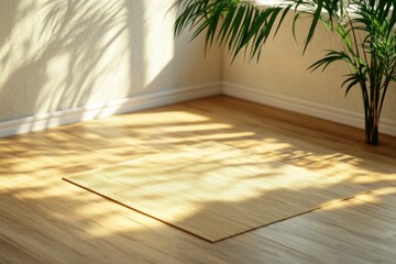 Empty mockup of yoga studio flyer placed on bamboo mat in a sunlit corner of tranquil environment