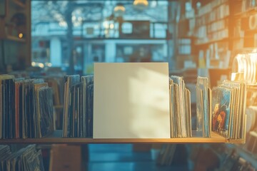 Empty vintage vinyl record cover mockup displayed on a shelf in a record store
