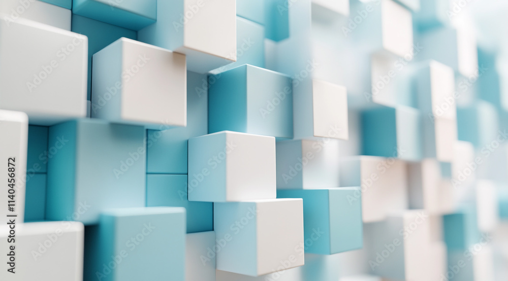 Poster a blue and white wall made of cubes. the blue and white cubes are arranged in a pattern that creates