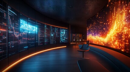 A high-tech room with curved data screens showcasing global market insights, glowing projections in vivid colors, sleek ergonomic furniture, and a polished minimalist design --ar 16:9