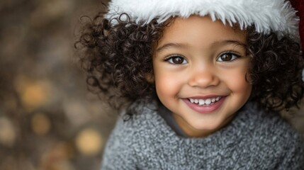A cheerful child with curly hair in a gray sweater, smiling while wearing a Santa hat, capturing the holiday spirit
