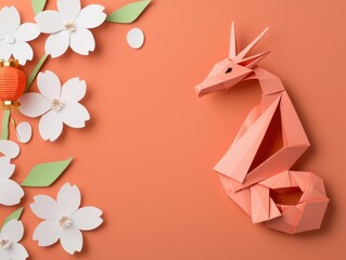 Obraz premium Origami dragon resting in a papercut forest of cherry blossoms, illuminated by Chinese New Year lanterns
