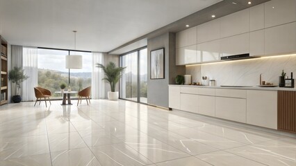 Porcelain tile finish in a modern kitchen setting with natural light and sleek furniture design