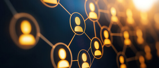 Futuristic digital organizational chart with interconnected nodes and people