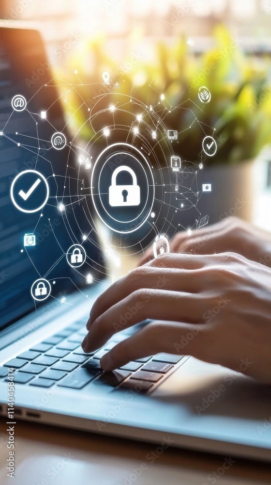 Aufkleber person typing on laptop with digital security icons and lock symbol, representing cybersecurity and 