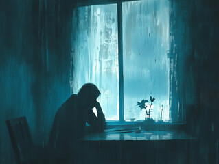 Abstract silhouette of a person sitting at a table by a misty window.