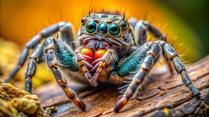Fototapeta premium Jumping Spider Feast: Macro Photography of Predator on Tree Trunk - Rule of Thirds Composition