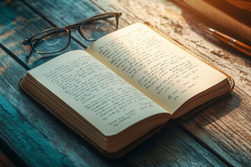 Obraz premium Open notebook with handwritten notes on a rustic wooden table, vintage mood with warm evening lighting and additional elements like a pen and glasses