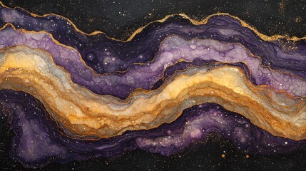 A captivating abstract artwork featuring vibrant swirls of purple, gold, and black tones, showcasing fluid textures that create a dynamic visual effect.