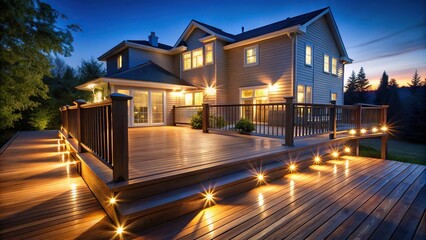 Stock photo of a deck with exterior lights on a house at night.