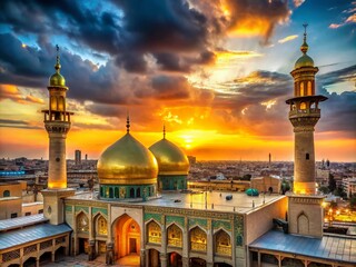 Karbala Iraq Shrine Architecture Photography: Majestic Domes, Golden Minaret, Islamic Architecture, Holy City