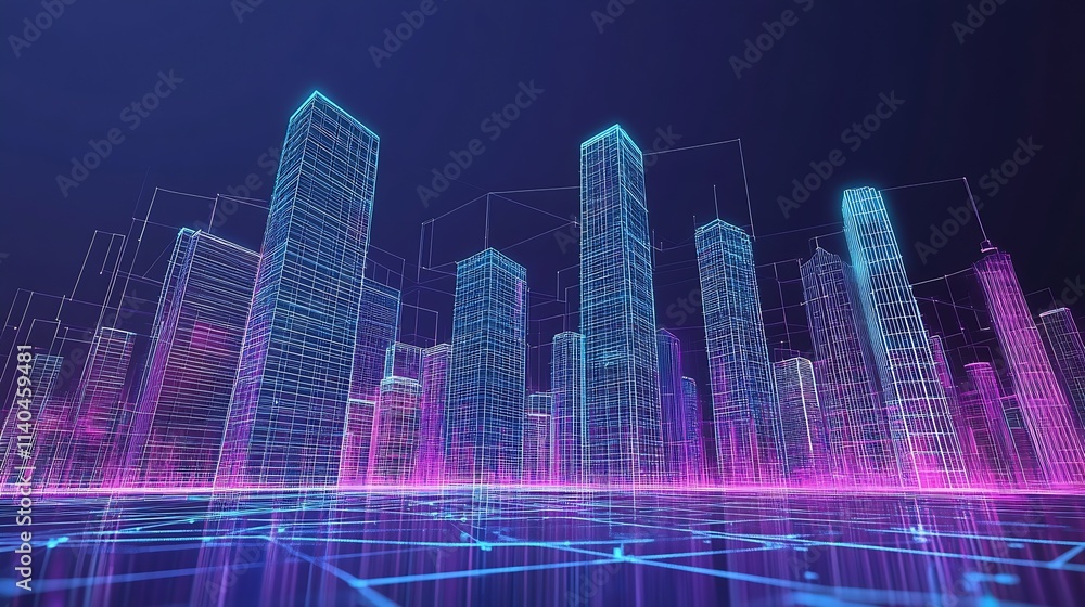Poster futuristic digital city skyline with neon lights and technology conceptual design : generative ai