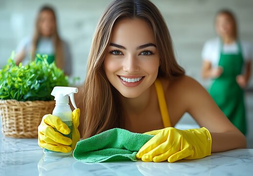 Happy Woman Cleaning With Spray Bottle And Cloth