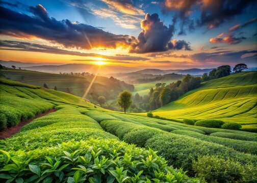 Kericho Tea Plantation: Stunning Sunrise, Rolling Hills, Kenyan Tea, Scenic Views, Agricultural Landscape, Tea Farming, Breathtaking Scenery, African Tea, Tea Gardens,  High-Quality Tea Leaves