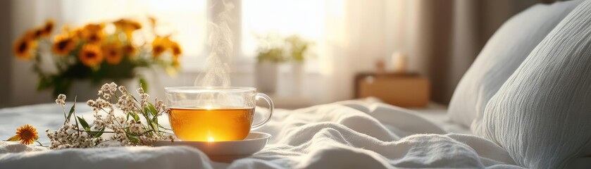 A person drinking a warm herbal tea before bed, helping with sleep