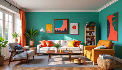 Eclectic living room with mismatched furniture bright colors and artistic decor. background copyspace