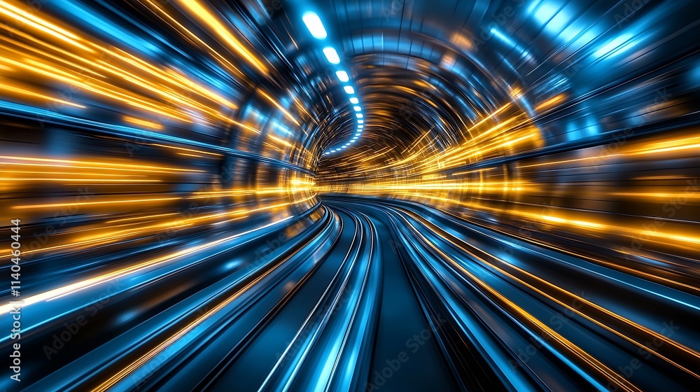 Poster futuristic high speed tunnel with blue and gold light streaks capturing motion and energy : generati