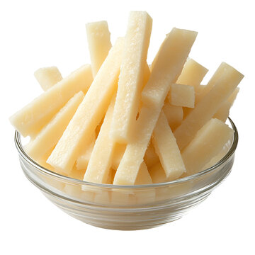 Extreme front view of delicious-looking jicama sticks in a glass bowl isolated on a white transparent background