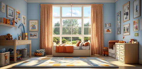 Modern Cozy Kids Bedroom with Large Window and Nature Inspired Decor : Generative AI