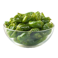 Extreme front view of delicious-looking padron peppers in a glass bowl isolated on a white transparent background