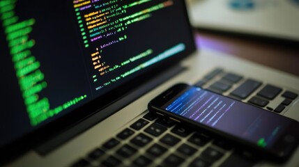Close-up of Open Laptop with Code Screen and Adjacent Phone Used for Coding, Software Developer's Office Setup, Emphasizing Technology in Daily Life and Web Development Corporate Culture

