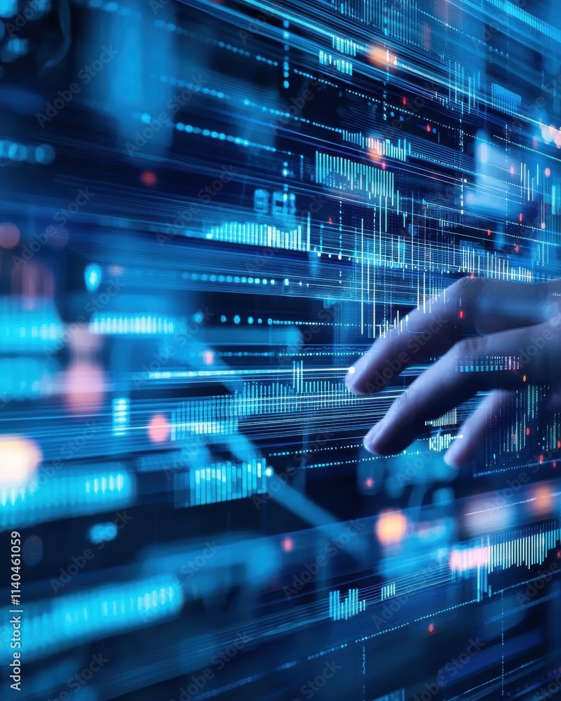 Poster futuristic technology background with human hand interacting with data visualization on digital inte