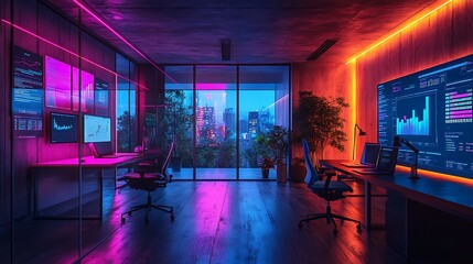 A sleek startup office with animated dashboards displaying real-time KPIs across glass walls, ergonomic desks and chairs, vibrant neon hues in the lighting, and a dynamic,
