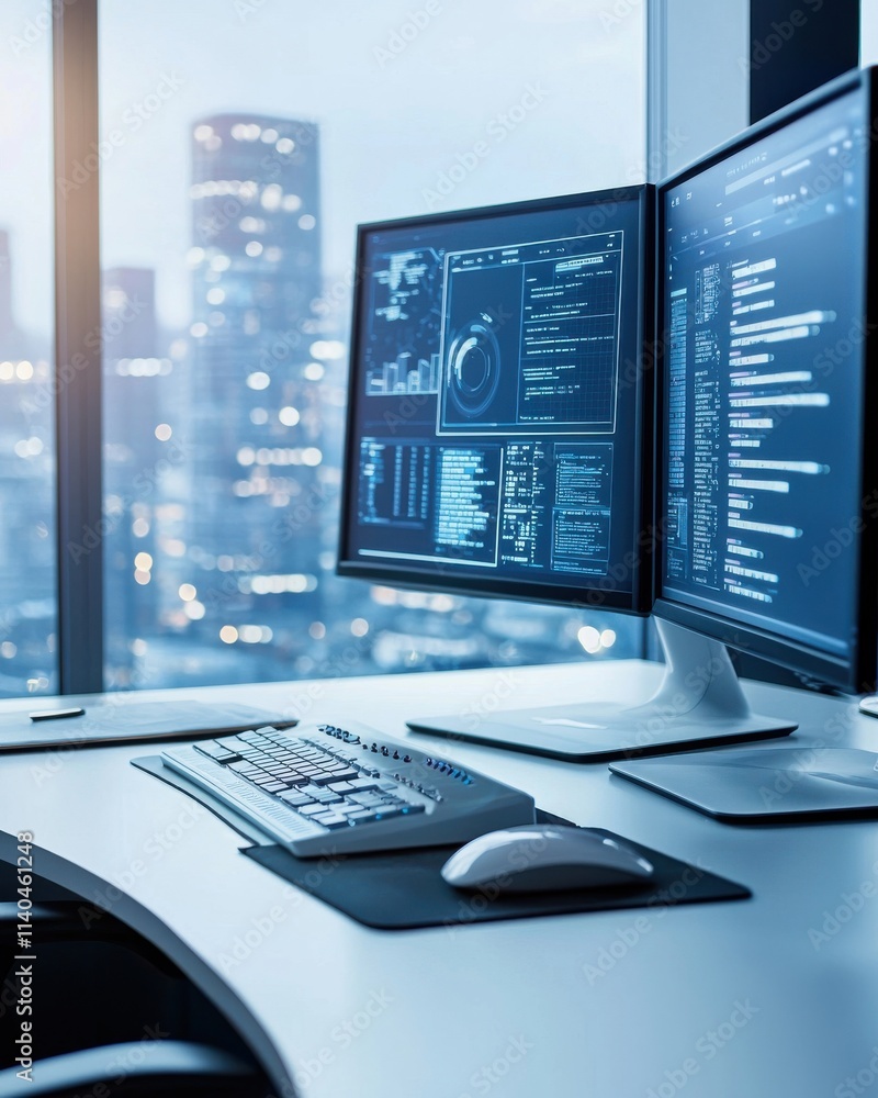 Poster modern workspace with dual monitors displaying software code and data analytics in a high-rise offic