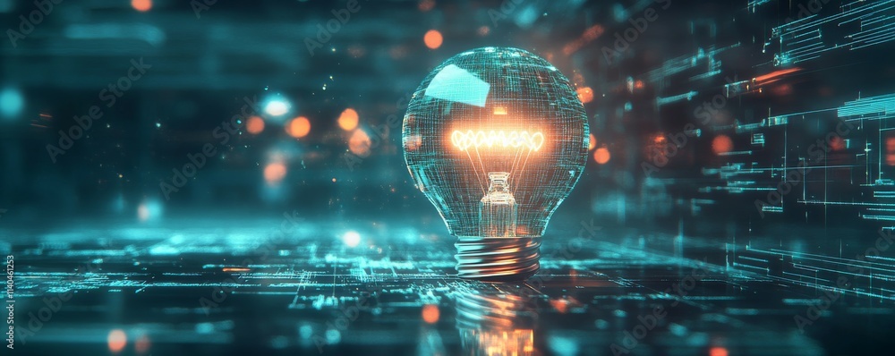 Poster a digital light bulb is on a digital background. evolution of new ideas. a futuristic light bulb ico
