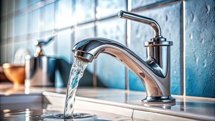 Stock photo of broken faucet in bathroom with forced perspective