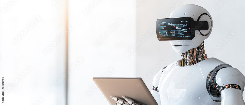 Poster futuristic trading bot with augmented reality glasses analyzing virtual financial data, advanced ai 