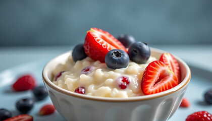 Coconut Milk Rice Pudding with Berries - Creamy rice pudding made with coconut milk topped with fresh berries. background copyspace