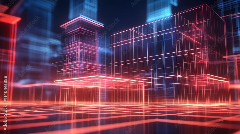 Poster Futuristic Neon Digital Cityscape with Glowing Lines and Structures : Generative AI