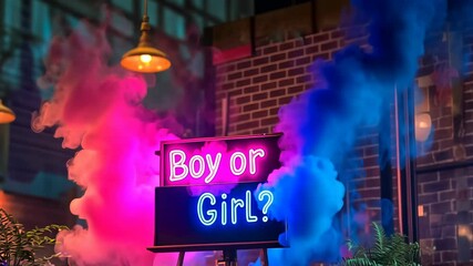 A vibrant neon sign asks "Boy or Girl?" surrounded by pink and blue smoke against a night backdrop, suggesting a gender reveal event. The scene captures the anticipation and celebration typically