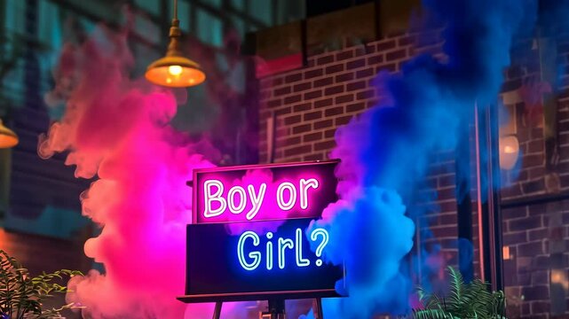 A vibrant neon sign asks "Boy or Girl?" surrounded by pink and blue smoke against a night backdrop, suggesting a gender reveal event. The scene captures the anticipation and celebration typically