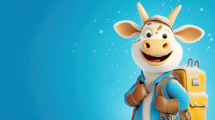 Cow adventurer scaling a snowy mountain, climbing gear visible, 3D illustration