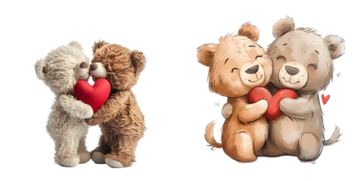 Cute two teddy bears holding a heart, on white background. Generative AI.