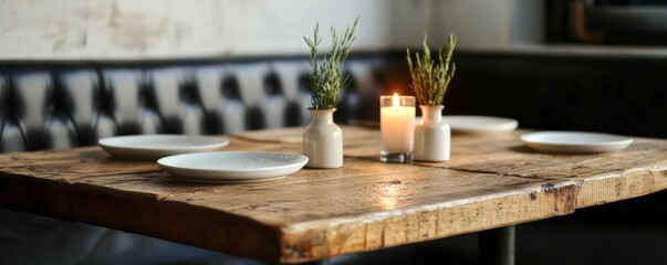 a wooden table topped with white plates and a candle