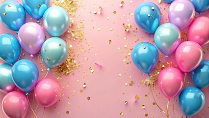 Stock photo of pink and blue balloons with gold confetti
